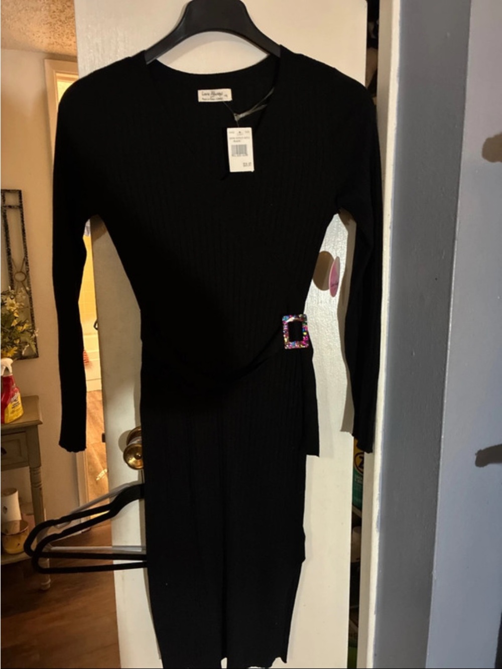 Black Long Sleeve Ribbed Knit Dress with Decorative Buckle